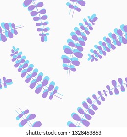 Colorful leaves, vector seamless pattern with the bright color and white  background. Trends colors are a rhapsody of beauty and joy.  Futuristic purple and blue.