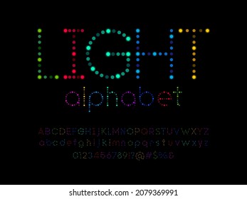 Farbiges Alphabet der LED-Leuchte mit Großbuchstaben, Kleinbuchstaben, Zahlen und Symbolen
