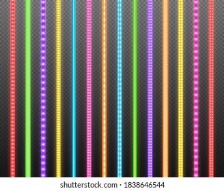 Colorful LED strips collection, bright luminous ribbons isolated on a transparent background. Realistic neon lights, illuminated decoration tapes set. Vector illustration.
