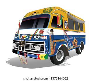 Colorful legendary mini bus named 'Car Rapid' in Dakar Senegal - vector illustration