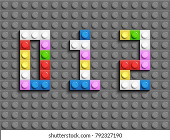 Colorful lego numbers 0,1,2, from plastic building lego bricks. Colorful vector lego numbers . Gray lego background