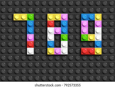 Colorful lego numbers 7,8,9 from plastic building lego bricks. Colorful vector lego numbers . Black  lego background