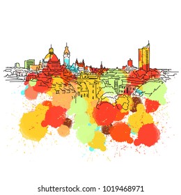 Colorful Leipzig Skyline Sketch. Hand Drawn Vector Illustration, Paint Splatter Color Isolated on White Background. Business Travel and Tourism Concept with Modern Architecture.