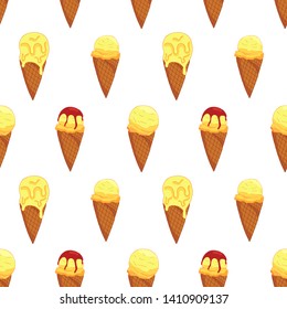 Colorful lemon cone ice cream pattern on white background. Summer card design. Vector cartoon illustration.