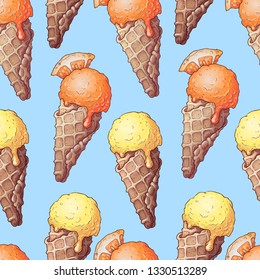Colorful lemon and mandarin fruit and citrus ice cream seamless pattern background
