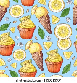 Colorful lemon and mandarin fruit and citrus ice cream seamless pattern background