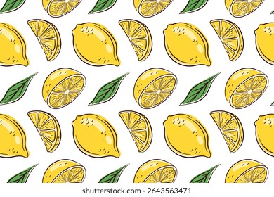 Colorful lemon pattern with bright yellow fruit, green leaves and juicy slice. Seamless background for packaging, textiles, kitchen prints or fresh summer themed design.