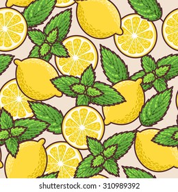 Colorful lemon and peppermint vector seamless background