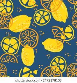Colorido limón sin patrón. Para la impresión en tela, etiquetas, camiseta, papel. Fondo de boceto de Vector de fruta.