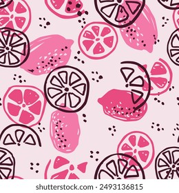 Colorful lemon seamless pattern. For printing on fabric, labels, T-shirt, paper. Fruit vector sketch background.