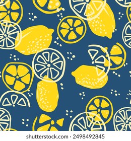 Colorful lemon seamless pattern. For printing on fabric, labels, T-shirt, paper. Fruit vector sketch background.