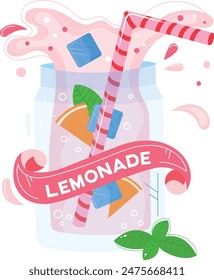 Colorful lemonade drink illustration, glass jar, refreshing beverage splash. Pink lemonade, striped straw, ice cubes, lemon slice, mint leaves, cartoon style. Summer drink concept, cold sweet