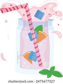 Colorful lemonade drink illustration, glass jar, refreshing beverage splash. Pink lemonade, striped straw, ice cubes, lemon slice, mint leaves, cartoon style. Summer drink concept, cold sweet