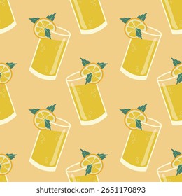 Colorful lemonade seamless pattern on isolated green background. Colorful combination for fabric, textiles, clothing, wrapping paper, cover, banner, home decor.