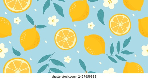 Colorful lemons and leaves seamless pattern. Exotic summer background. Hand-drawn fruit pattern. Vector illustration.