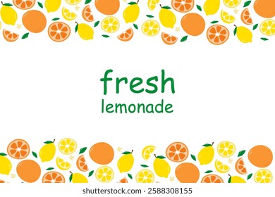 Colorful lemons and oranges create a vibrant border highlighting the words fresh lemonade. The design exudes a refreshing and fun atmosphere, perfect for summer.