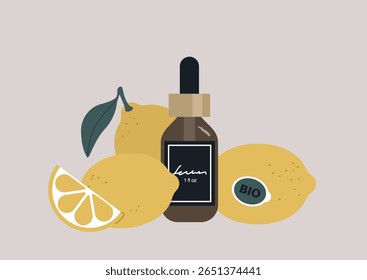 Limões coloridos e uma elegante garrafa de soro se juntam, mostrando a essência dos produtos de beleza cítricos, um lembrete alegre dos benefícios da natureza em cuidados com a pele