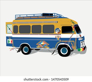 Colorful lengendary mini bus named 'Car Rapid' in Dakar Senegal profile - side view vector illustration