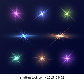 Colorful lens flares set, bright glares with rays. Collection of magic sparks, retro neon lights isolated on a dark background. Transparent vector outburst effect, Christmas decoration.