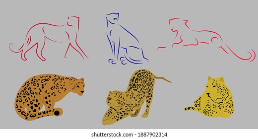 colorido conjunto abstracto de Leopard de estilo abstracto sobre fondo gris. Ilustraciones vectoriales aisladas para el diseño de afiches tropicales. Colección retro textil para cualquier propósito