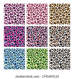 Colorful leopard print. Vector skin leopard seamless pattern for textile, fabric, wallpaper, wrapping paper, poster, background, web. Wild animal skin print. Realistic animal texture. Fashion textile