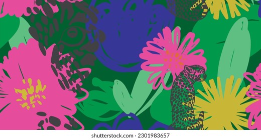Colorful Leopard seamless pattern with floral flowers elements vector
