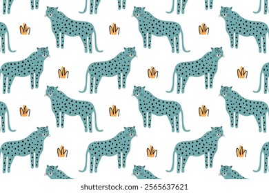 Colorful leopard seamless pattern with hand drawn doodle concept. Trendy animal background. Vector illustration