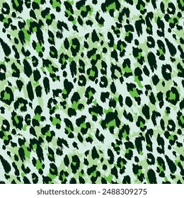 colorful Leopard Skin Texture Pattern Vector. Seamless Animal Skin Pattern. Leopard Fur Camouflage Background. Leopard pattern textile design watercolor animal safari design art.Green