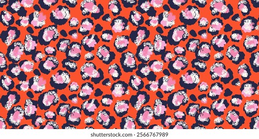 Colorful leopard-inspired pattern with abstract spots in  pink shades on a orange background. Bold, modern design animal print perfect for fashion, textiles,  creative branding projects.