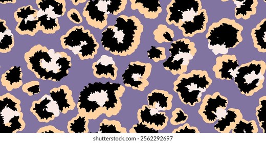 Colorful leopard-inspired seamless pattern with bold spots outlined on a purple violet background. Unique abstract animal  print ornament for fashion design, modern decor,  artistic branding projects.