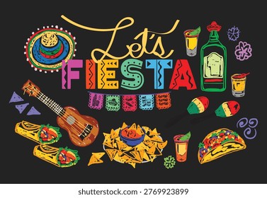 Colorful Lets Fiesta design featuring Mexican food, drinks, guitar, sombrero and festive elements. Perfect for Cinco de Mayo, party posters, menus, banners, invitations and vibrant cultural celebrations.