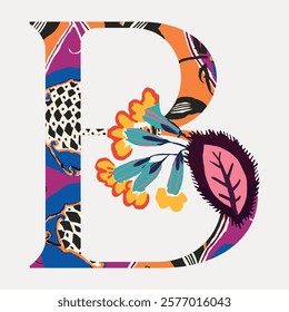 Colorful letter 'B' with floral patterns. Vibrant floral design on letter 'B'. Artistic 'B' with flowers. Decorative 'B' featuring flowers and leaves. Vintage illustration vector. Seguy inspired font.