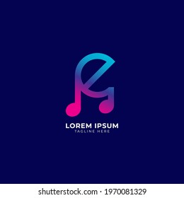 Colorful Letter E Alphabet Music Logo Design. Initial and Musical Note logo concept isolated on blue background. Blue Purple Pink Magenta multicolor gradient.