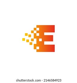 Colorful letter E fast pixel dot logo. Pixel art with the letter E. Integrative pixel movement. Creative scattered technology icon. Modern icon creative ports. Vector logo design.