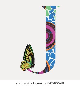 Colorful letter 'J' with vibrant patterns and a green butterfly. The butterfly and patterns add a lively touch to the letter 'J'. Vintage animal illustration vector.