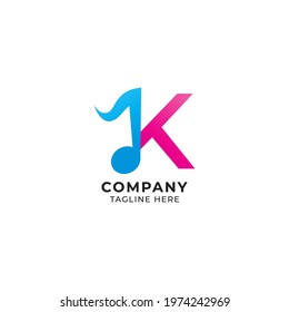 Colorful Letter K Alphabet Music Logo Design Isolated on White Background. Initial and Musical Note logo concept. Monogram Lettermark Logotype. Pink Magenta, Blue Color Theme