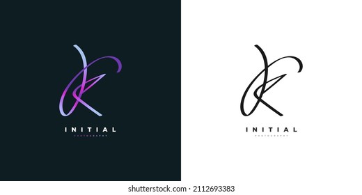 Colorful Letter K Logo Design with Handwriting Style. Letter K Signature Logo or Symbol for Wedding, Fashion, Jewelry, Boutique, Botanical, Floral and Business Identity