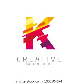 colorful letter K tech logo design vector with pixel/glitch motion concept. multimedia, technology, digital, innovation company symbol icon