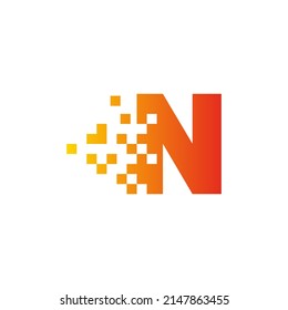 Colorful letter N fast pixel dot logo. Pixel art with the letter N. Integrative pixel movement. Creative scattered technology icon. Modern icon creative ports. Vector logo design.