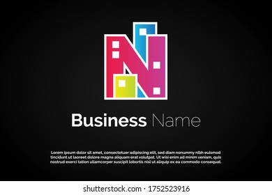 Colorful Letter N incorporated into buildings for Initial Letter Logo For Your Real Estate Company, Business, Association. Alphabet Logo Template Ready For Use, Modern Initial Logo