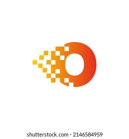 Colorful letter O fast pixel dot logo. Pixel art with the letter O. Integrative pixel movement. Creative scattered technology icon. Modern icon creative ports. Vector logo design.