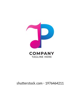 Colorful Letter P Alphabet Music Logo Design Isolated on White Background. Initial and Musical Note Logo Concept. Pink Magenta, Blue Color Theme.  Monogram Lettermark Logotype