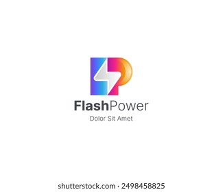 Letra colorida p con el logotipo de la energía del flash