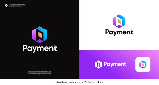 Colorful letter P payment with abstract arrow symbol transfer logo design.