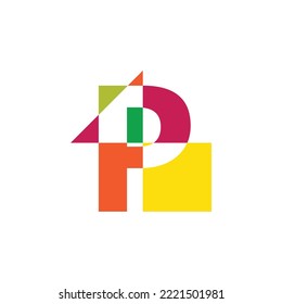 Colorful letter P vector logo made from messy geometric shapes with negative space effect. 