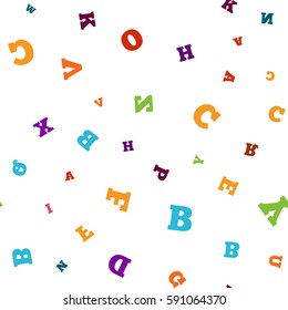 Colorful letter pattern on white background. Vector illustration for education design. Seamless pattern bright color letters random flying. Alphabet book concept for grammar school. Letter wallpaper