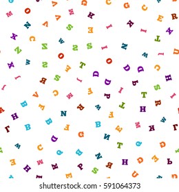 Colorful letter pattern on white background. Vector illustration for education design. Seamless pattern bright color letters random flying. Alphabet book concept for grammar school. Letter wallpaper