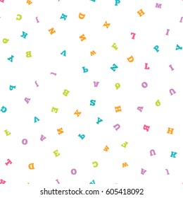 Colorful letter pattern on white background. Vector illustration for education design. Seamless pattern bright color letters random flying. Alphabet book concept for grammar school. Letter wallpaper