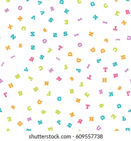 Colorful letter pattern on white background. Vector illustration for education design. Seamless pattern bright color letters random flying. Alphabet book concept for grammar school. Letter wallpaper