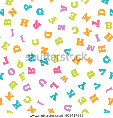 Colorful letter pattern on white background. Vector illustration for education design. Seamless pattern bright color letters random flying. Alphabet book concept for grammar school. Letter wallpaper